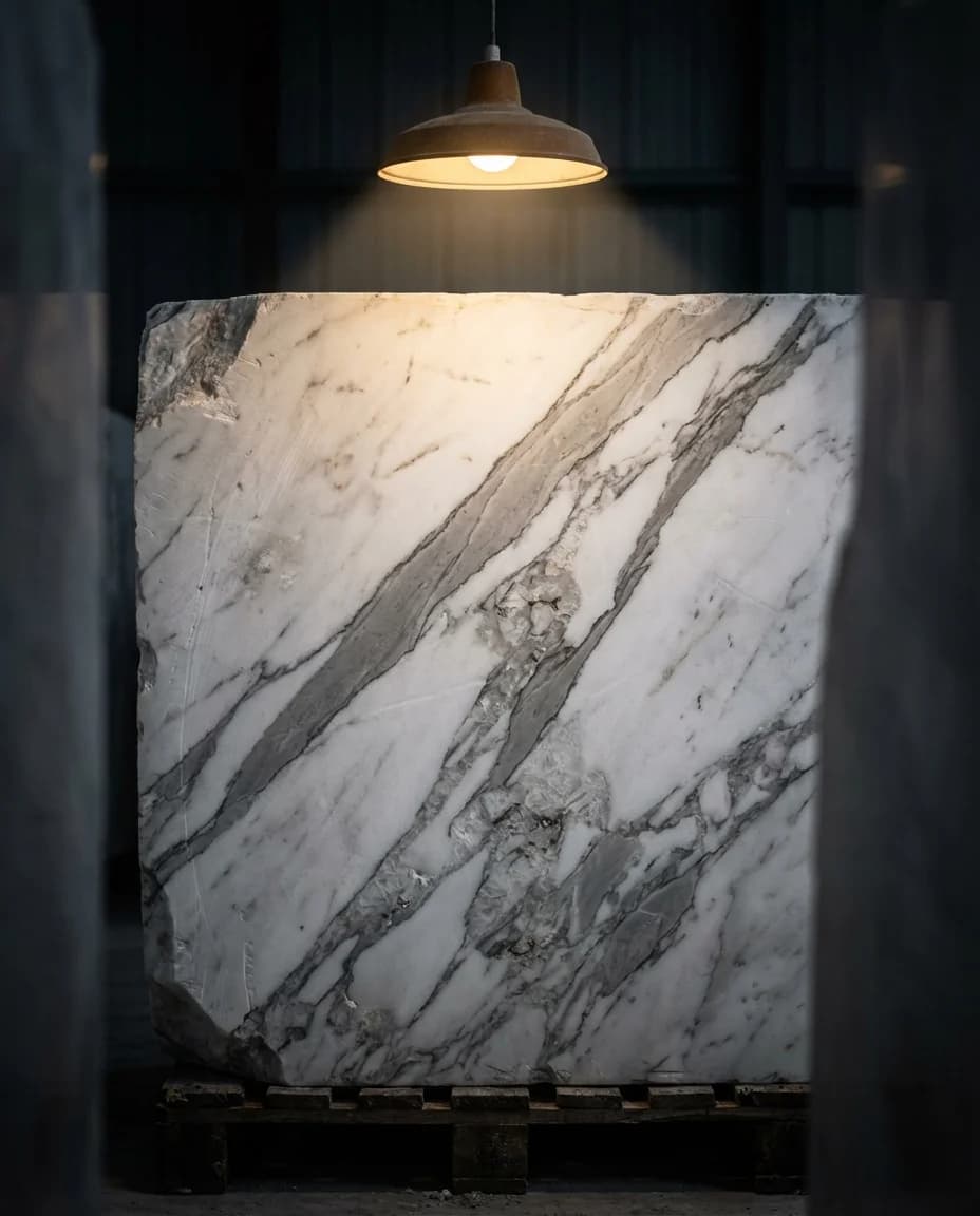 Bloque de mármol en bruto siendo analizado por Lithos AI