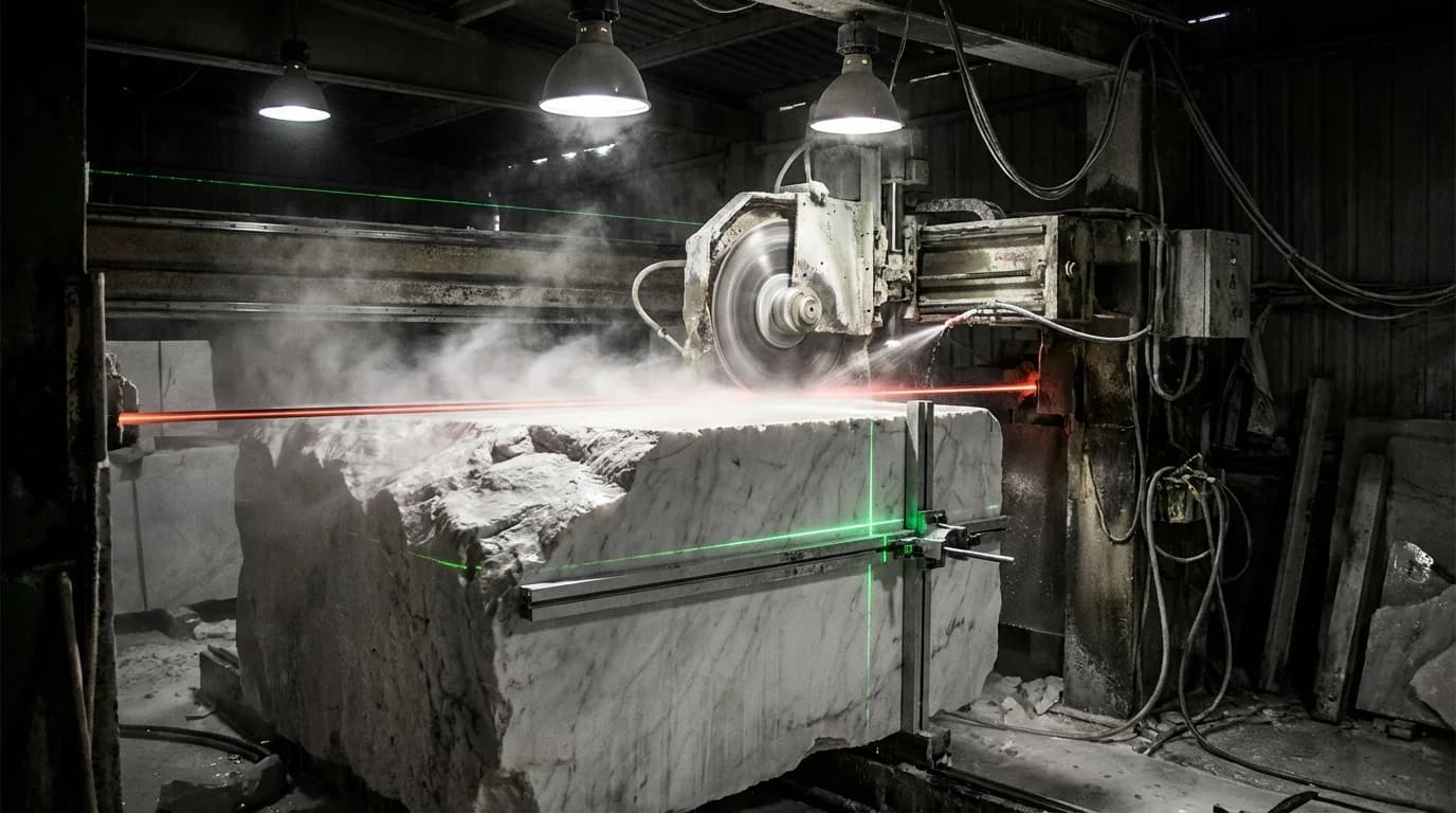 Stone processing facility with precision cutting machinery and polished marble slabs