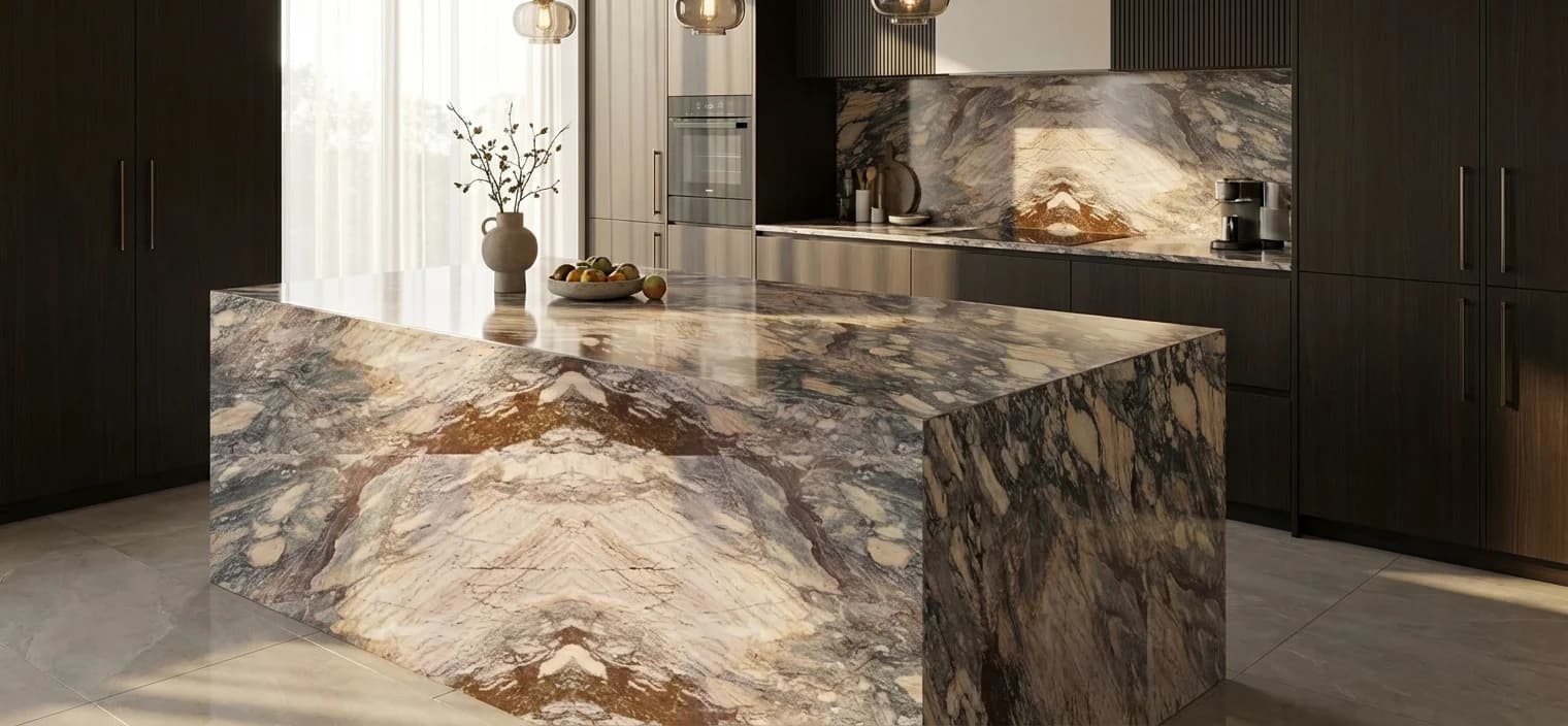 Arabescato Viola marble in luxurious interior