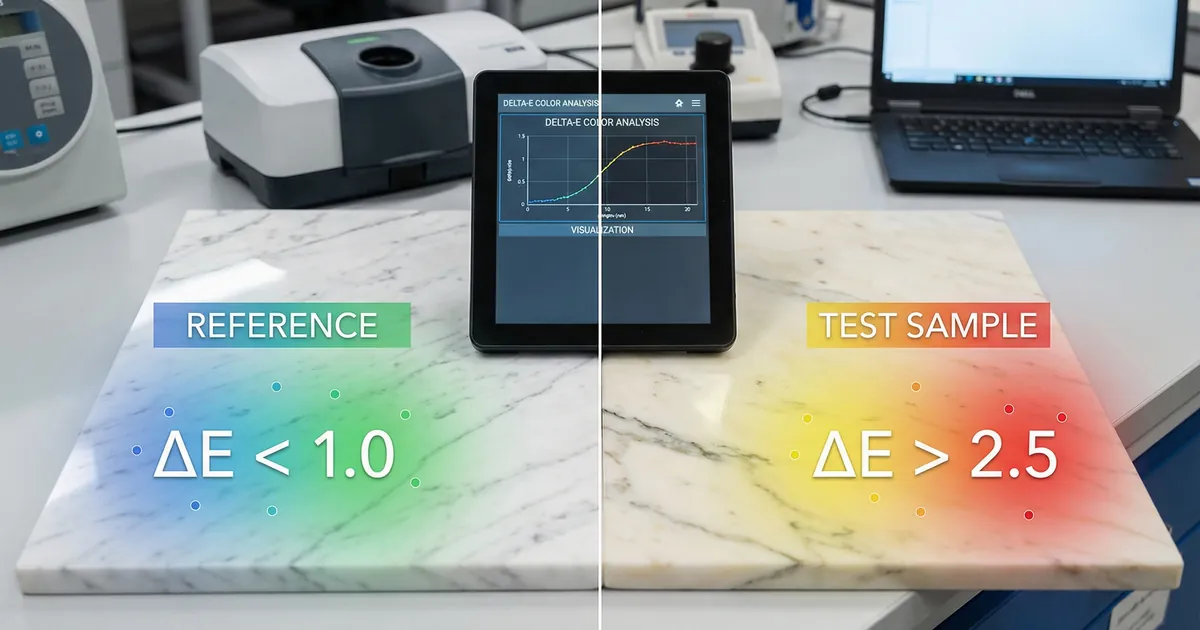 Spectral color analysis of marble slabs showing Delta-E comparison