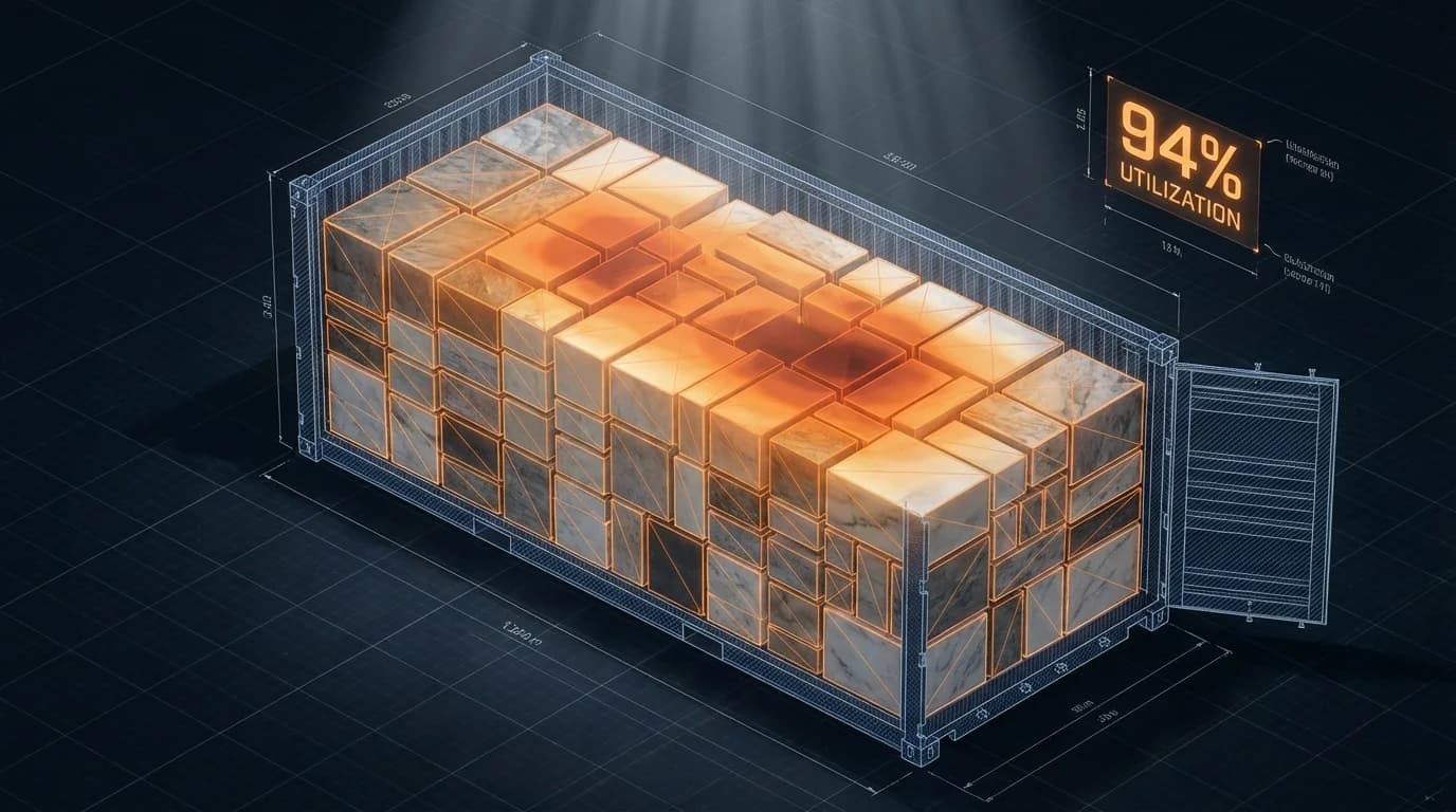 Piano di carico 3D del container che mostra la disposizione ottimizzata dei blocchi al 94% di utilizzo con sovrapposizione della distribuzione del peso