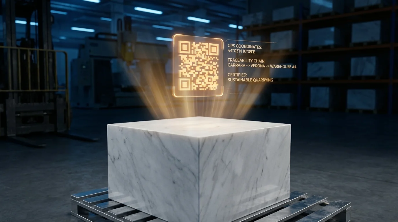 Digital product passport QR code attached to a marble block with traceability data overlay
