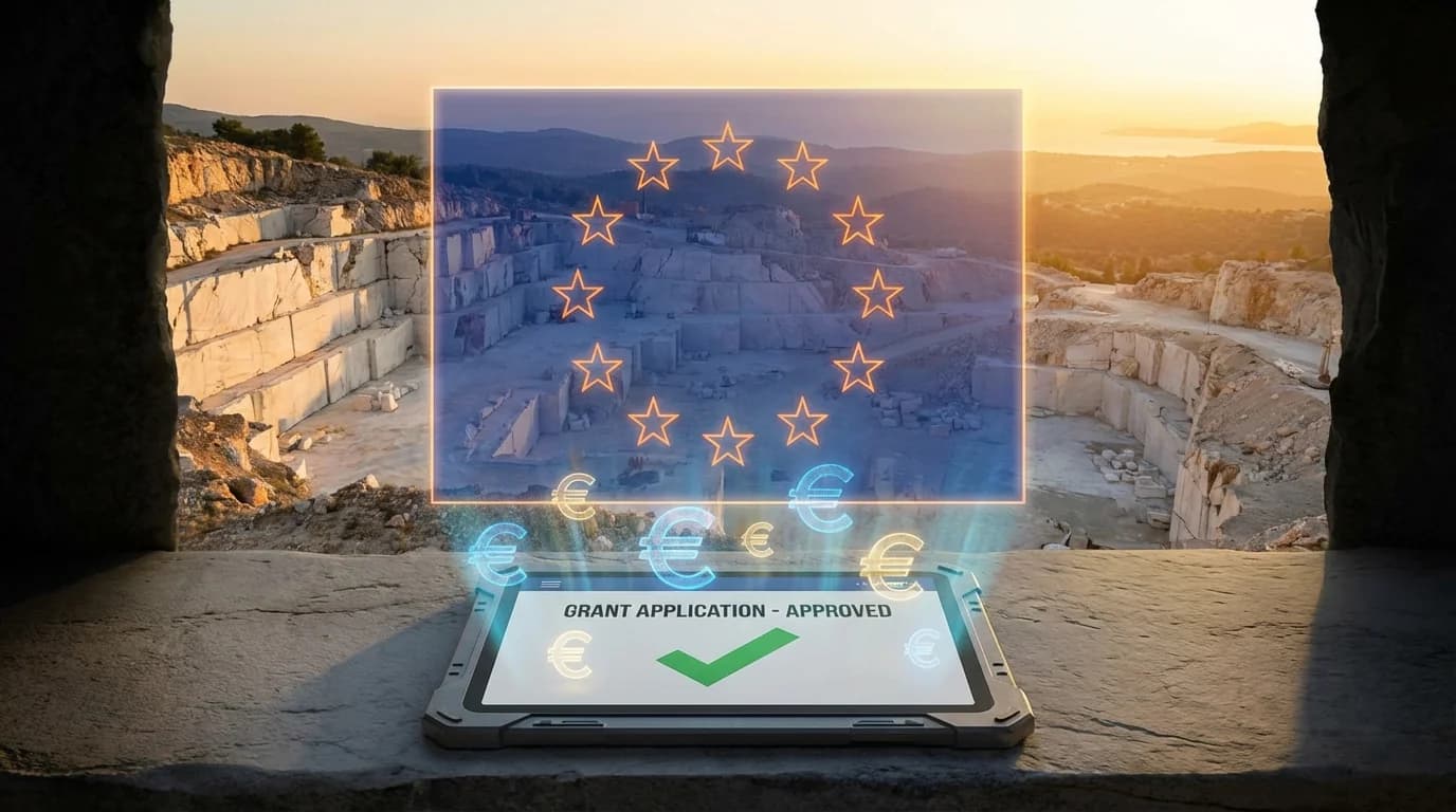 Bandiera dell'Unione Europea sovrapposta a un'operazione di cava con documento di finanziamento per la trasformazione digitale