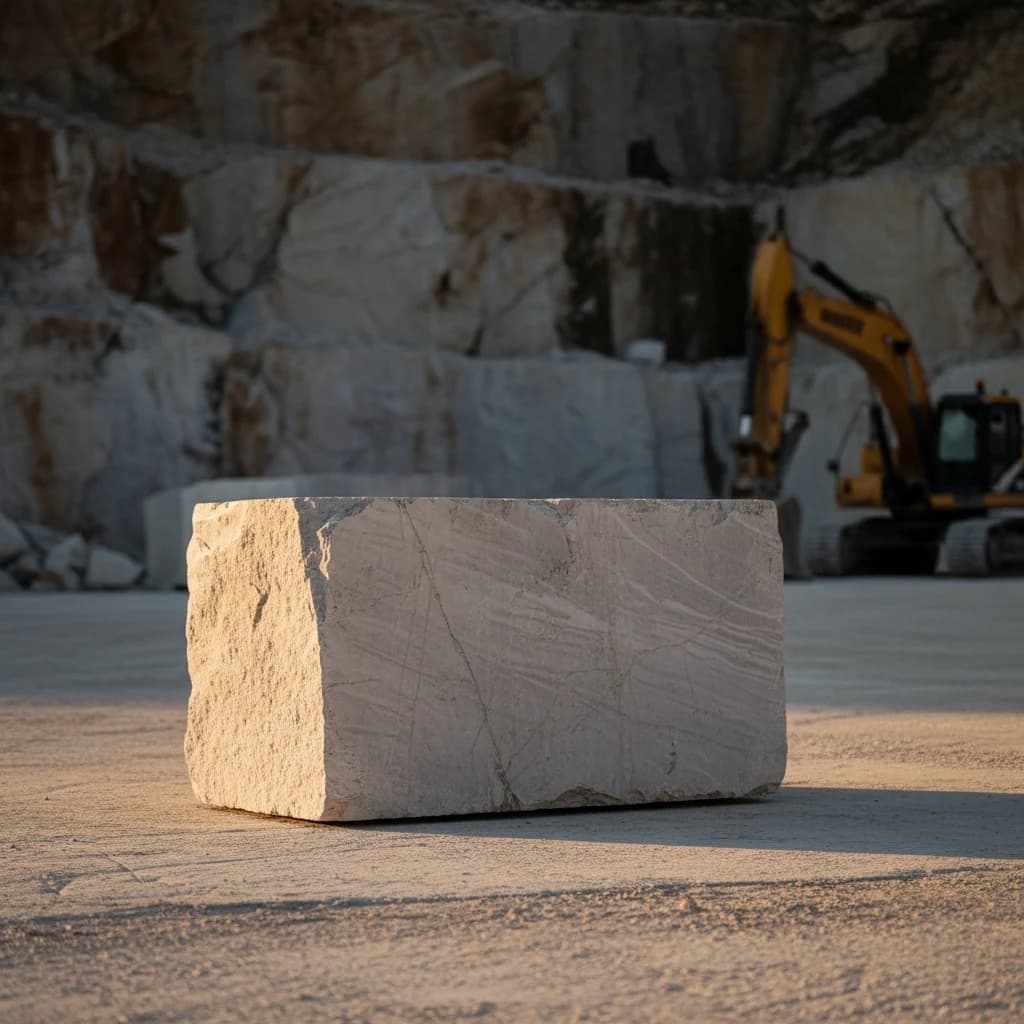 Rough-cut natural stone block in an active quarry under late afternoon sidelight, environmental compliance documentary aesthetic