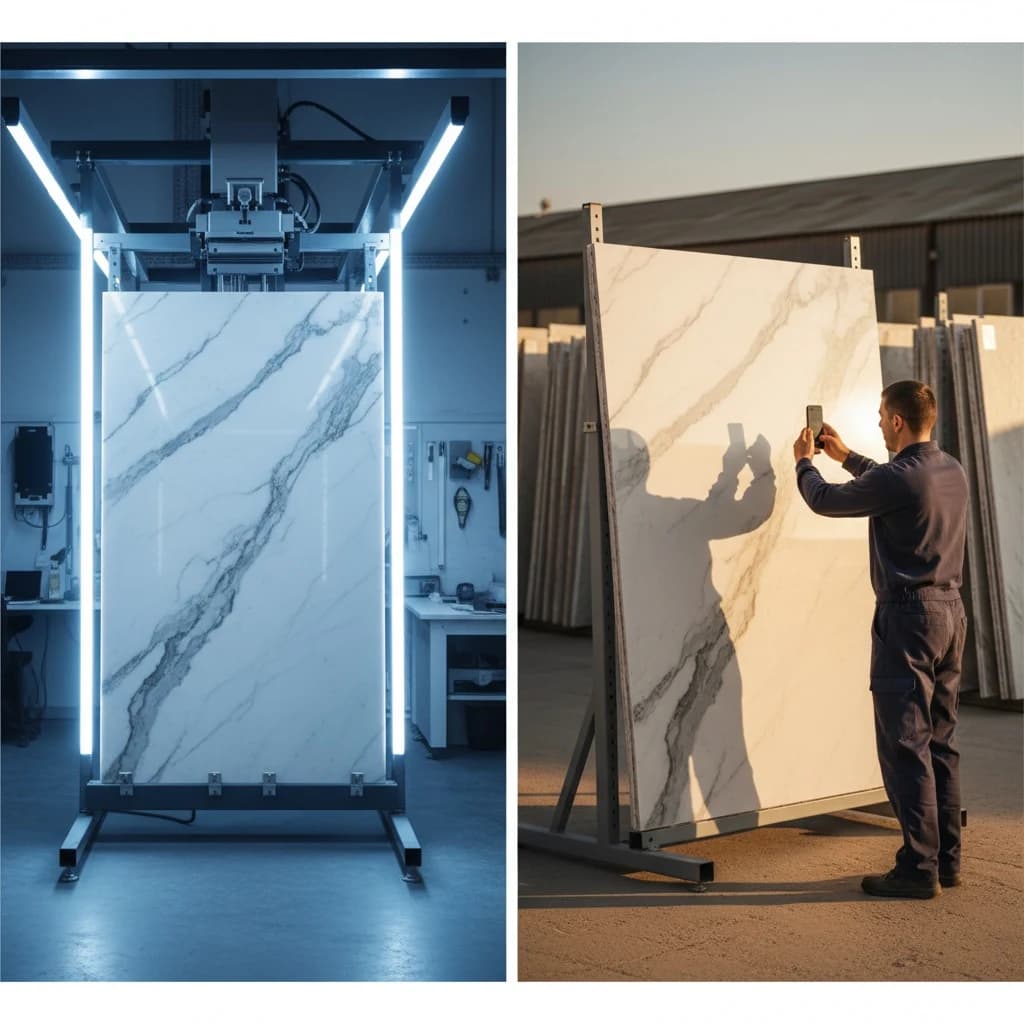 Side-by-side comparison of a stationary dedicated slab scanner station and a fabricator scanning a marble slab handheld with an iPhone
