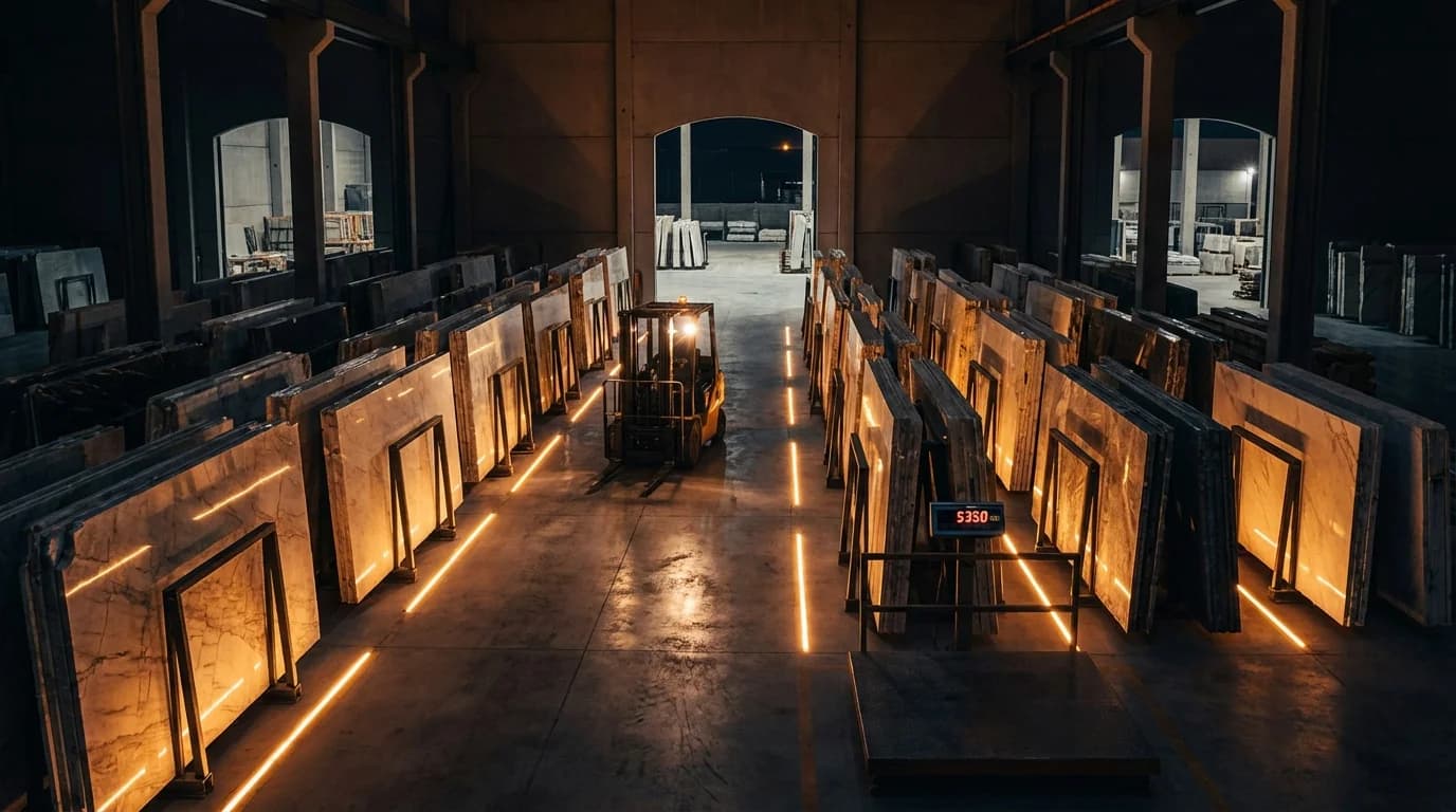 Modern stone distribution warehouse with organized marble slab inventory