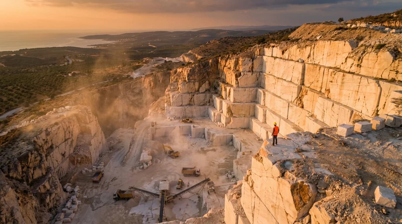 Open-pit marble quarry with extracted blocks and heavy machinery at golden hour